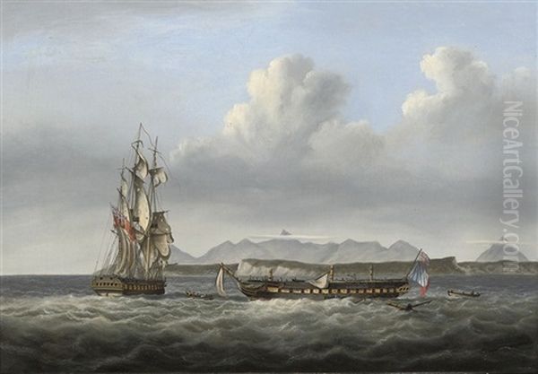 H.m.s. San Fiorenzo And The Defeated French Frigate Piemontaise Oil Painting by Charles Augustus Mornewick