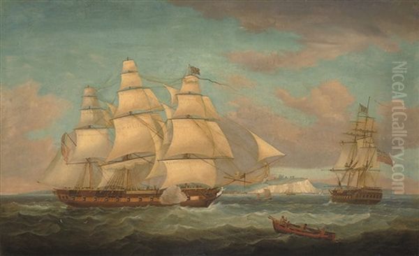 An East Indiaman In Two-positions Off Dover Calling For A Pilot Oil Painting by Charles Augustus Mornewick