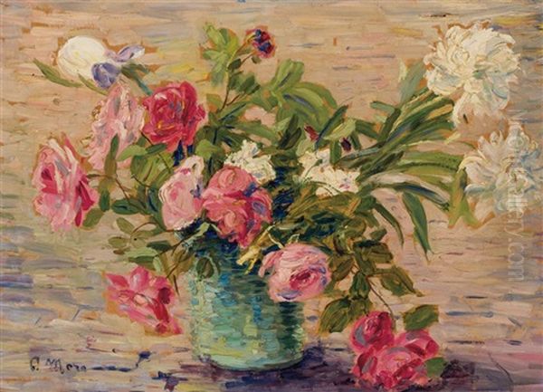 Still Life With Irises, Roses And Peonies Oil Painting by Paul Moro