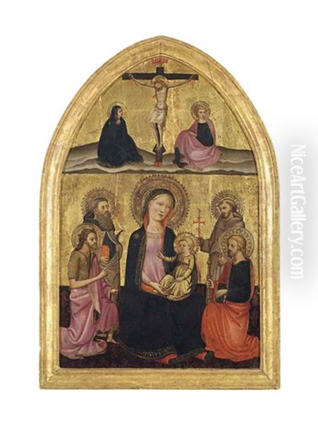 The Madonna And Child Enthroned With Saints Francis Of Assisi, James The Great, John The Baptist And Anthony Abbot, With The Crucifixion Above Oil Painting by Ventura Di Moro