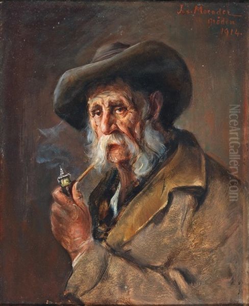 Tyrolean Farmer With Pipe Oil Painting by Josef Theodor Moroder-Lusenberg