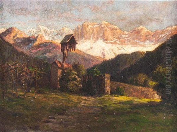 Landschaft Bei Tiers, Im Hintergrund Der Rosengarten, Sudtirol Oil Painting by Josef Theodor Moroder-Lusenberg