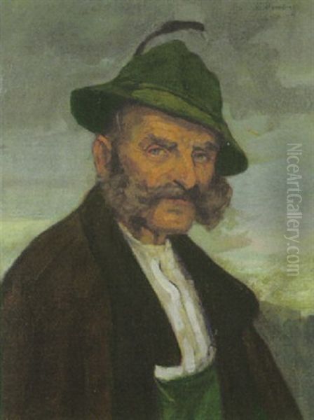 Alter Bauer Mit Filzhut Oil Painting by Josef Theodor Moroder-Lusenberg