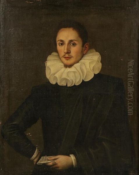 A Portrait Of A Gentleman Standing Half-length Holding A Letter Oil Painting by Giovanni Battista Moroni