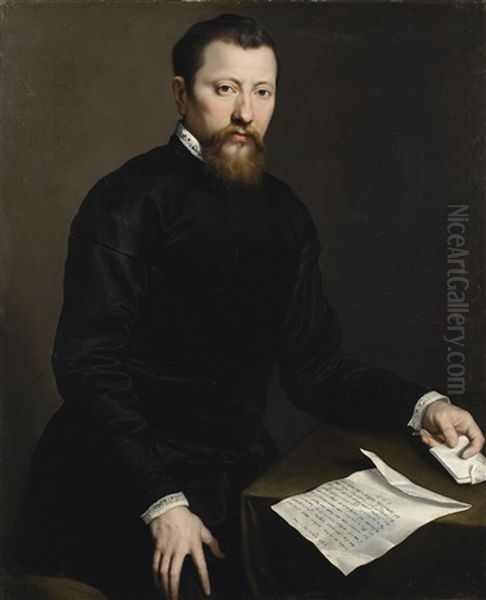 Portrait Of A Man Holding A Letter Oil Painting by Giovanni Battista Moroni