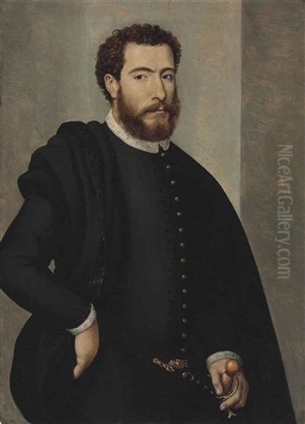 Portrait Of A Man, Three-quarter Length, Holding The Hilt Of A Sword Oil Painting by Giovanni Battista Moroni