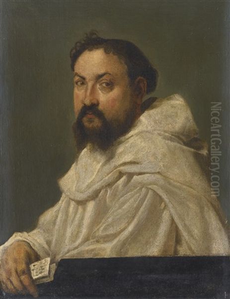 Portrait Of A Carthusian Monk, Bust Length Before A Ledge, A Sheet Of Music In His Right Hand Oil Painting by Giovanni Battista Moroni