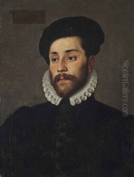 Portrait Of A Gentleman, Half-length, In A Black Doublet, White Ruff And Black Hat Oil Painting by Giovanni Battista Moroni