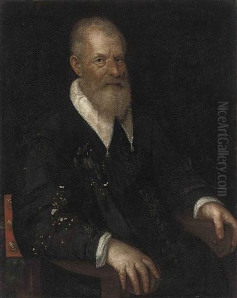 Portrait Of A Gentleman Seated, In A Black Coat With White Collar And Cuffs, A Gold Ring Set With A Ruby On His Right Hand Oil Painting by Giovanni Battista Moroni