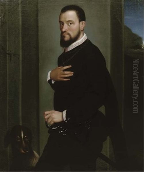 Portrait Of A Nobleman, Three-quarter-length, In A Black Costume With Lace Chemise, His Left Hand On The Hilt Of A Sword, His Dog By His Side Oil Painting by Giovanni Battista Moroni