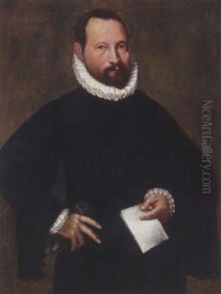 Portrait Of A Gentleman Wearing Black, Holding A Letter And A Pair Of Gloves Oil Painting by Giovanni Battista Moroni