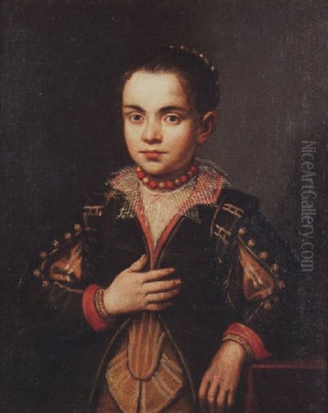 Portrait Of A Young Girl Wearing A Green Coat And A Beaded Necklace Oil Painting by Giovanni Battista Moroni