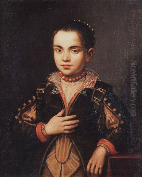 Portrait Of A Young Girl Wearing A Green Coat And A Beaded Necklace Oil Painting by Giovanni Battista Moroni