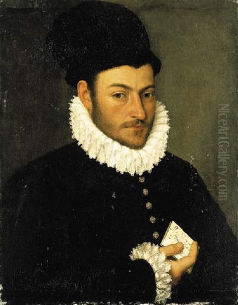 Portrait Of A Gentleman In A Black Hat And A Black Jacket With A White Lace Collar And Cuffs, Holding A Letter Oil Painting by Giovanni Battista Moroni