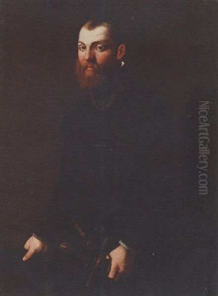 Portrait Of A Gentleman In Black Costume And Gold Chains, His Hand Resting On A Sword Oil Painting by Giovanni Battista Moroni