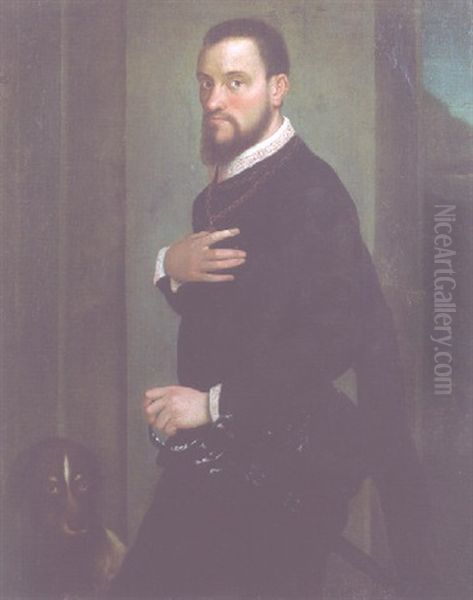 Portrait Of A Bearded Nobleman, Wearing Black Costume With Lace Chemise, Holding A Sword, His Dog By His Side Oil Painting by Giovanni Battista Moroni