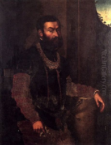 Portrait Of A Gentleman With A Sword Wearing A Red-sleeved Tunic And Holding A Pair Of Gloves Oil Painting by Giovanni Battista Moroni