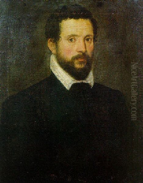 Portrait Of A Gentleman, Half Length, Wearing A Black Coat Oil Painting by Giovanni Battista Moroni