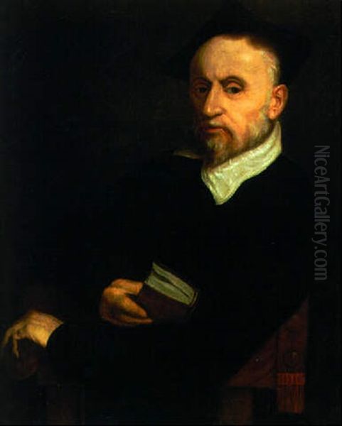 Portrait Of A Scholar, Seated Half-length, In Black Costume, Holding A Book Oil Painting by Giovanni Battista Moroni