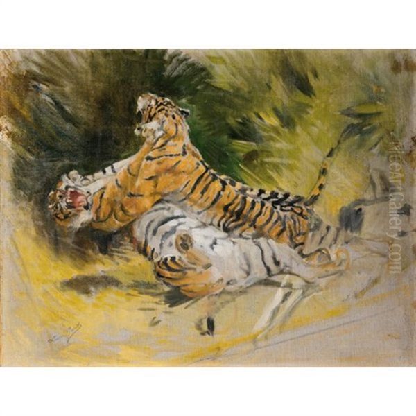 Deux Tigres Combattant Oil Painting by Aime Nicolas Morot