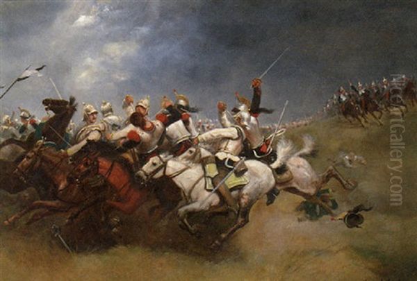 A Cavalry Skirmish Oil Painting by Aime Nicolas Morot