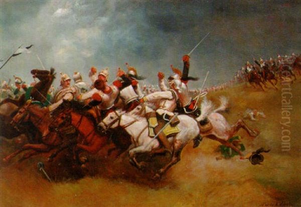 A Cavalry Skirmish Oil Painting by Aime Nicolas Morot