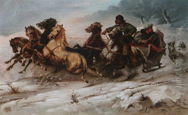 A Troijka Oil Painting by Aleksndr Ivanovich Morozov