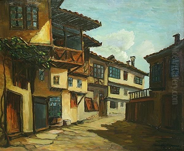 Village Houses Oil Painting by Petar Morozov