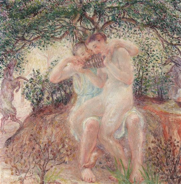 Daphnis And Chloe (ca. 1918) - Verso: Portrait Of A Lady Oil Painting by George Morren