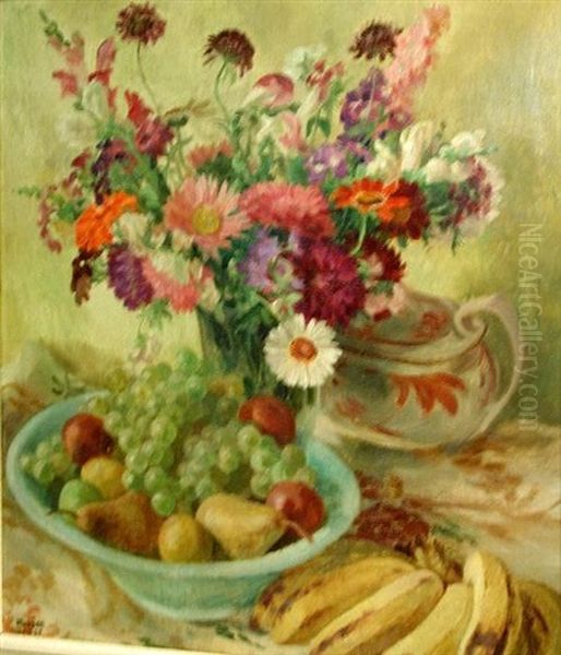 A Still Life Of Daisies And Poppies In A Green Vase, A Bowl Of Fruit Beside by George Morren