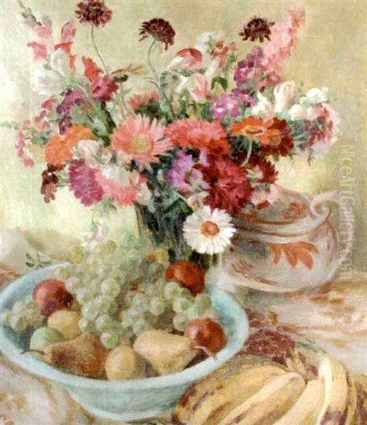 A Still Life Of Daisies And Poppies In A Vase, A Bowl Of Fruit Beside Oil Painting by George Morren