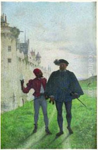 Gentilhomme Et Son Page Devant Un Chateau Oil Painting by Marie-Gabriel Biessy