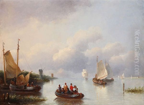 Paysage De Riviere En Hollande Anime De Personnages Dans Une Chaloupe Et De Voiliers Oil Painting by Johannes Henderikus Morrien