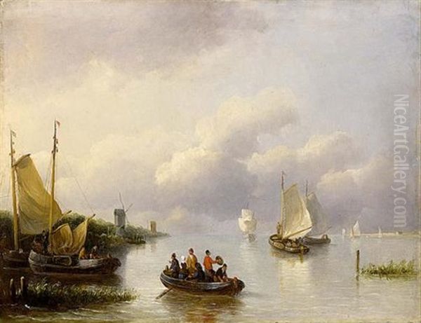 Sailing Vessels In An Estuary Oil Painting by Johannes Henderikus Morrien