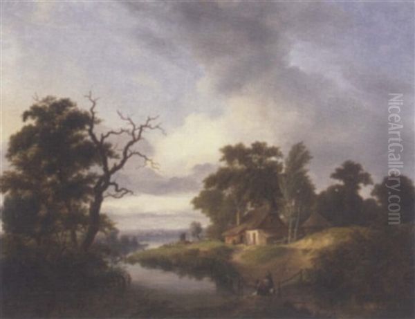 Washerwoman By A River With A Cottage Beyond Oil Painting by Johannes Henderikus Morrien