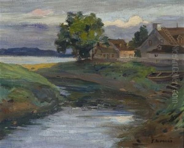 River Cottages Oil Painting by Edmund Montague Morris