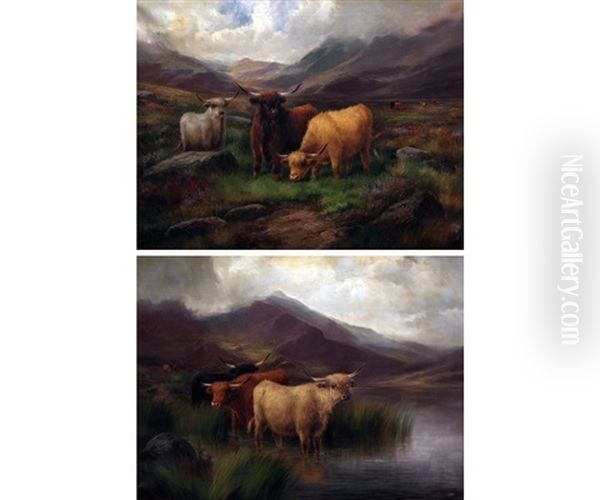 Highland Cattle In A Landscape Oil Painting by John W. Morris