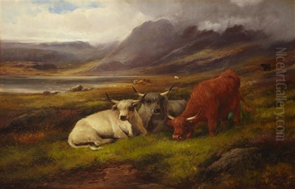 Highland Cows, Loch-side Oil Painting by John W. Morris