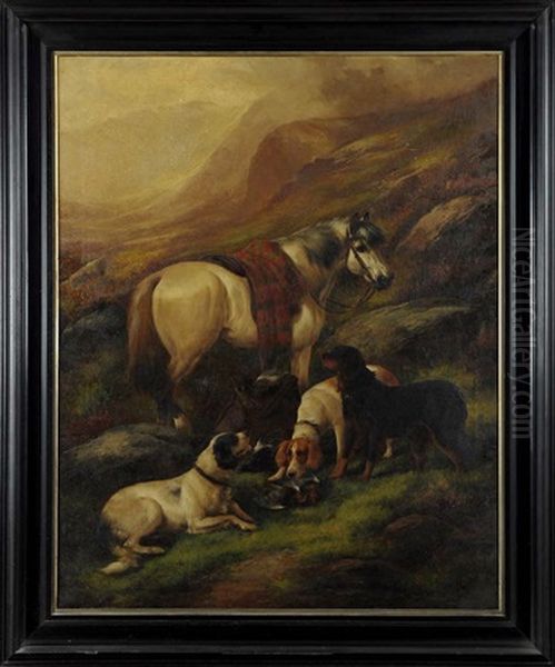 A Pony And Three Setters On A Scottish Grouse Moor Oil Painting by John W. Morris