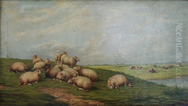 Sheep And Cattle In A Meadow Oil Painting by John W. Morris