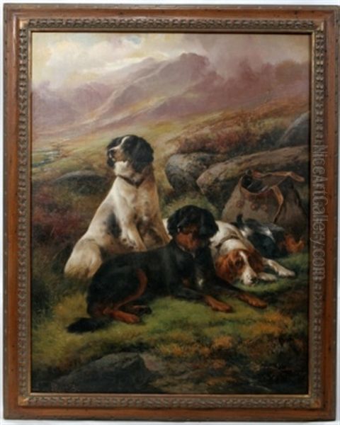 Scottish Highland With 3 Hunting Dogs Oil Painting by John W. Morris