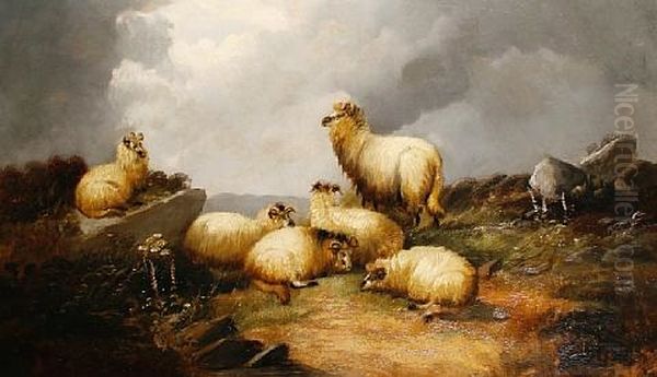 Sheep In A Highland Landscape Oil Painting by John W. Morris