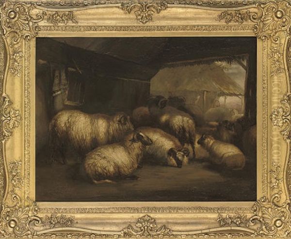 Sheep In A Barn (+ Cattle And Sheep In A Barn; Pair) Oil Painting by John W. Morris