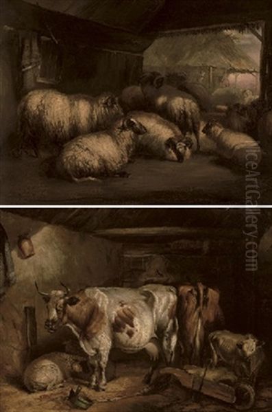 Sheep In A Barn (+ Cattle And Sheep In A Barn; Pair) Oil Painting by John W. Morris