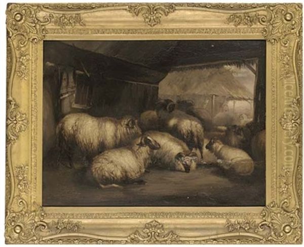 Sheep In A Barn (+ Cattle And Sheep In A Barn; Pair) Oil Painting by John W. Morris