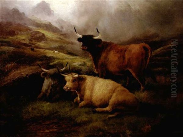 Highland Landscape With Cattle Oil Painting by John W. Morris