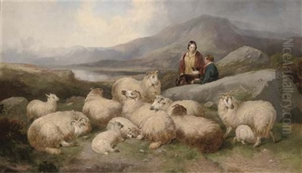 A Shepherd With His Flock In A Highland Landscape Oil Painting by John W. Morris