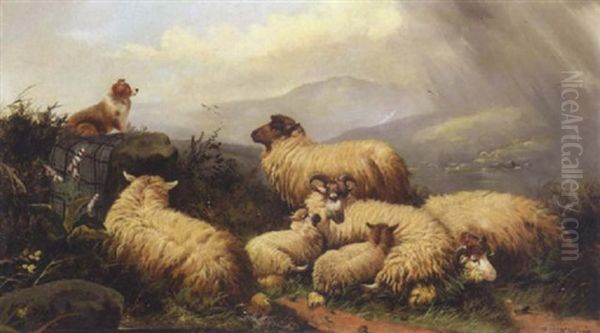 Sheep In A Highland Landscape Oil Painting by John W. Morris