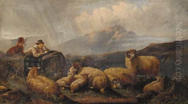 A Shepherd And His Flock In A Highland Landscape Oil Painting by John W. Morris