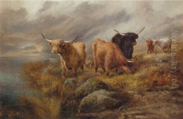 Highland Cattle In A Mountainous Loch Landscape Oil Painting by John W. Morris